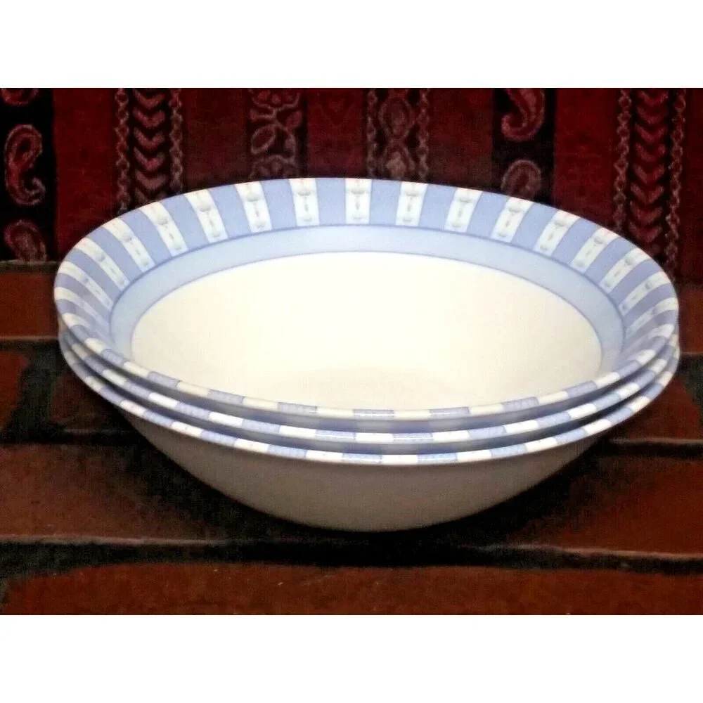 3 Martha Stewart Cereal Bowls Everyday Blue White Garden Trellis France Glass